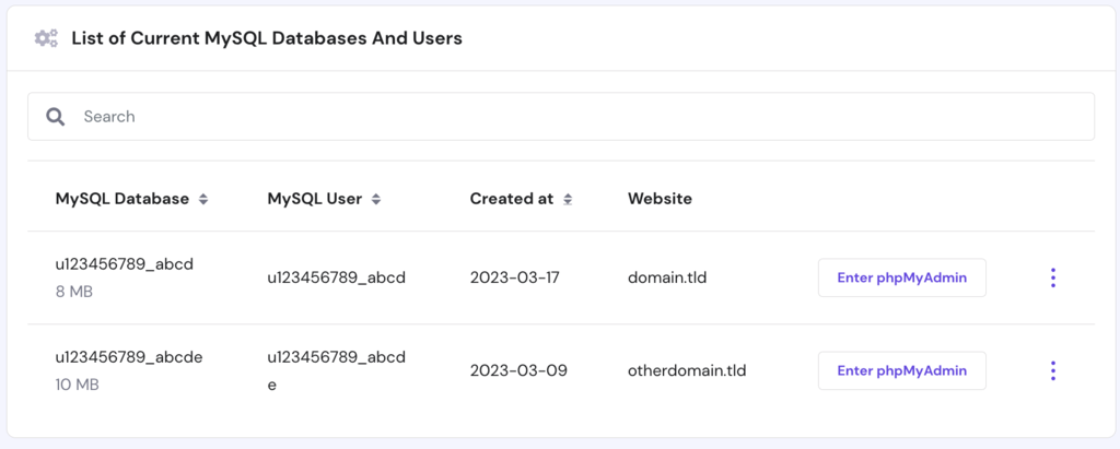 hPanelで現在作成されているMySQLデータベースのリスト