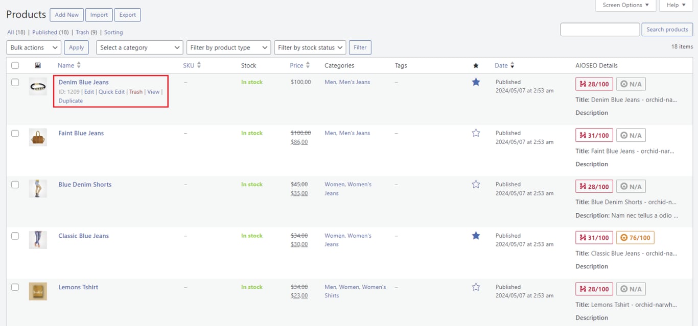 WooCommerceダッシュボード内の商品一覧