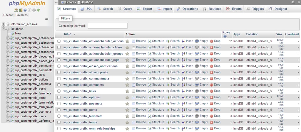 phpMyAdminでテーブルプレフィックスを変更した後にデータベースにアクセス