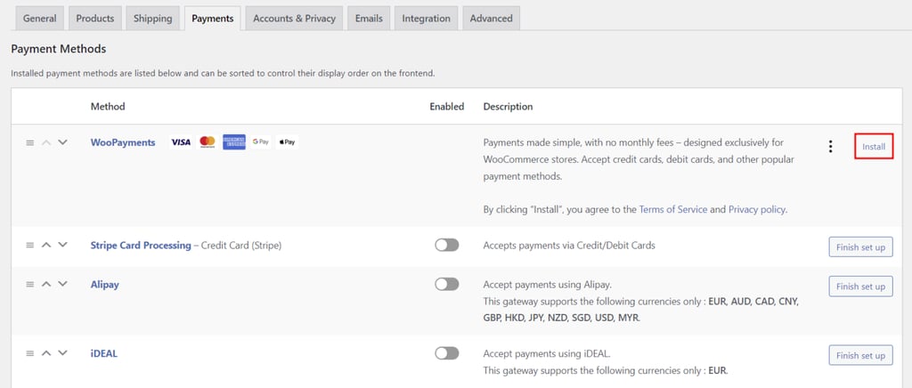 WooCommerceの決済方法一覧で、WooPaymentsをインストールするボタンがわかりやすくが表示されている様子