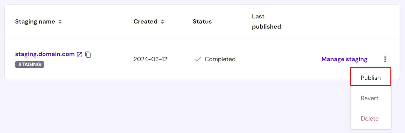 WordPressのステージング・サイト・リストで、ステージング・サイトから本番サイトに変更をプッシュするボタン
