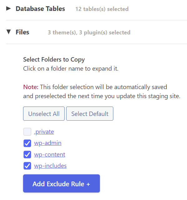 WP Stagingバックアッププラグインを使ってクローンするデータベーステーブルとファイルを選択
