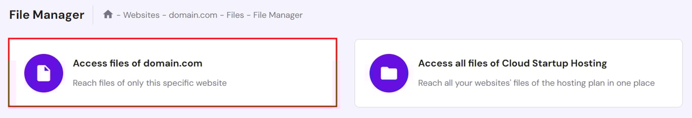 Hostingerのファイルマネージャー、ライブサイトのファイルにアクセスするオプション
