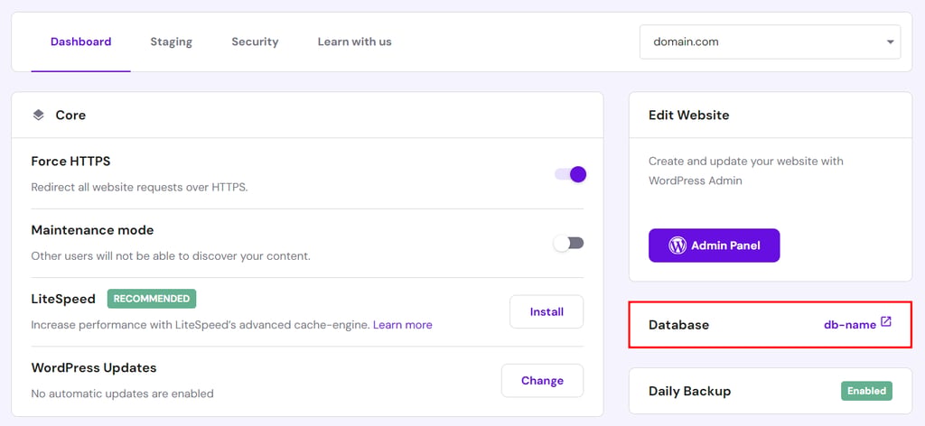 hPanelのWordPressダッシュボード、サイトのデータベース名
