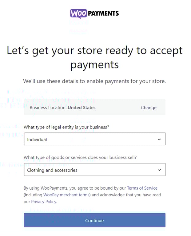 WooPaymentsセットアップウィザードで、ビジネス情報を入力するフォームが表示されている様子