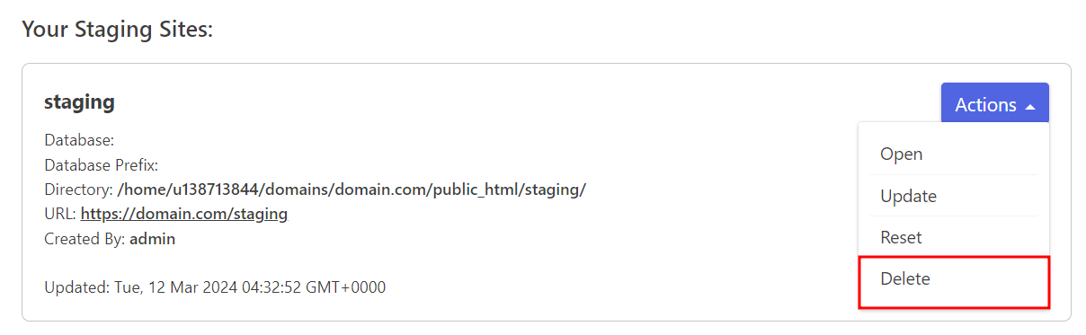 WPステージングサイトリスト、ステージングサイトを削除するオプション
