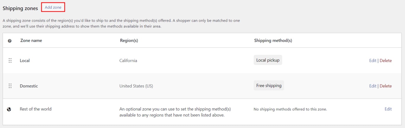WooCommerceの配送地域の設定画面で、「配送地域を追加」ボタンがわかりやすく表示されている画面