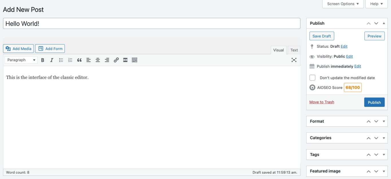 WordPressクラシックエディターインターフェース
