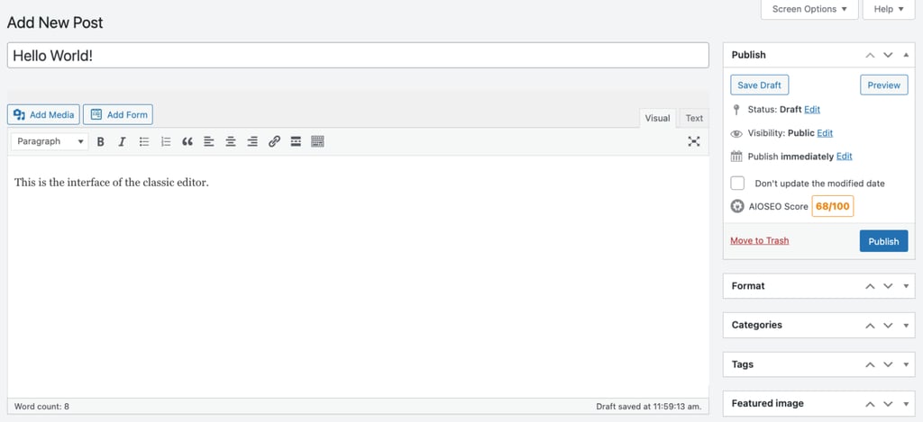 WordPressクラシックエディターインターフェース
