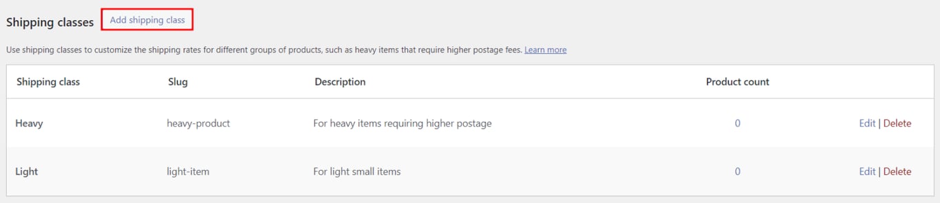 WooCommerceの配送クラスの設定画面で、「配送クラスを追加」ボタンがわかりやすく表示されている画面