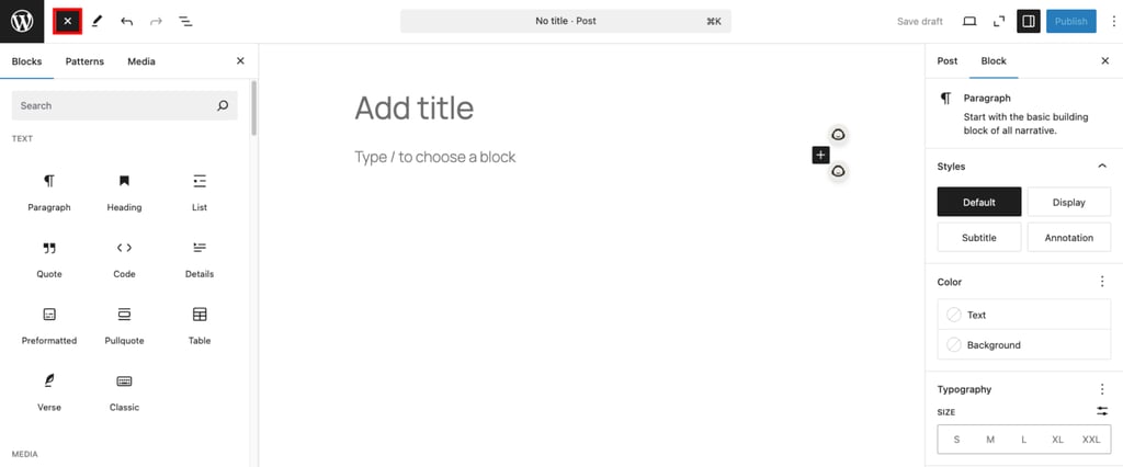 利用可能なブロックのリストを表示するGutenbergエディタのインターフェイス
