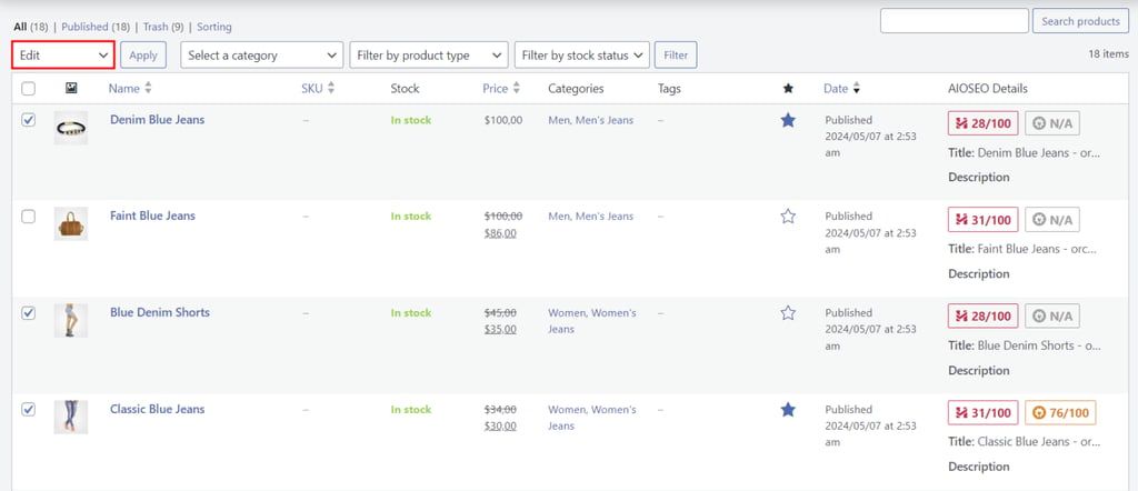 WooCommerceで商品リストを一括編集している画面