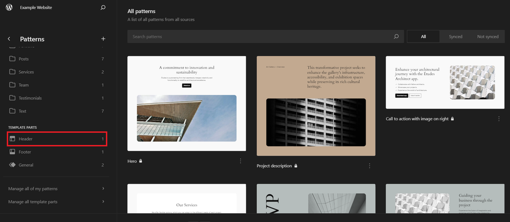 WordPressサイトエディターのヘッダーテンプレート部分