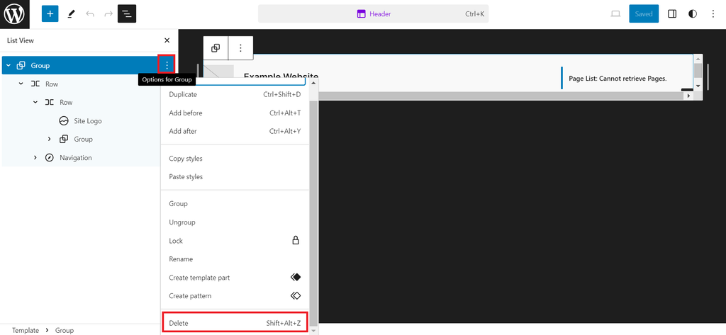 サイトエディターのリストビューで、グループのオプションボタンと削除メニュー