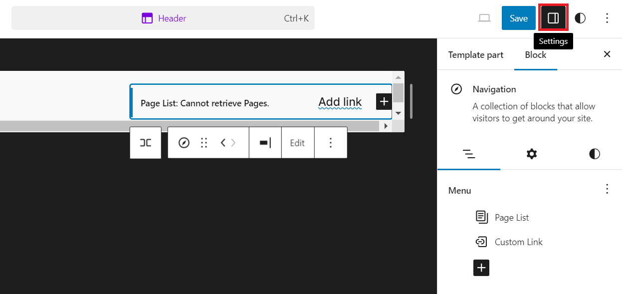 WordPress Site Editorのブロック設定ボタン
