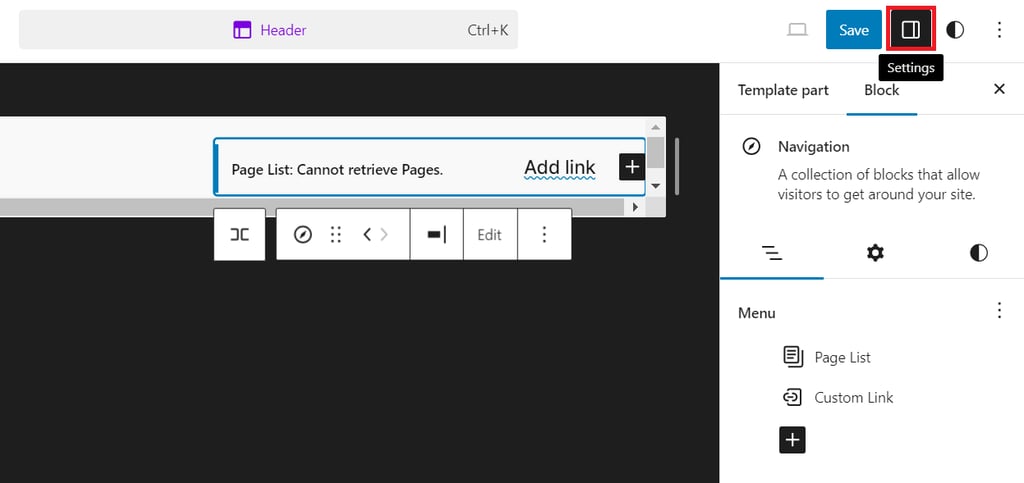 WordPress Site Editorのブロック設定ボタン