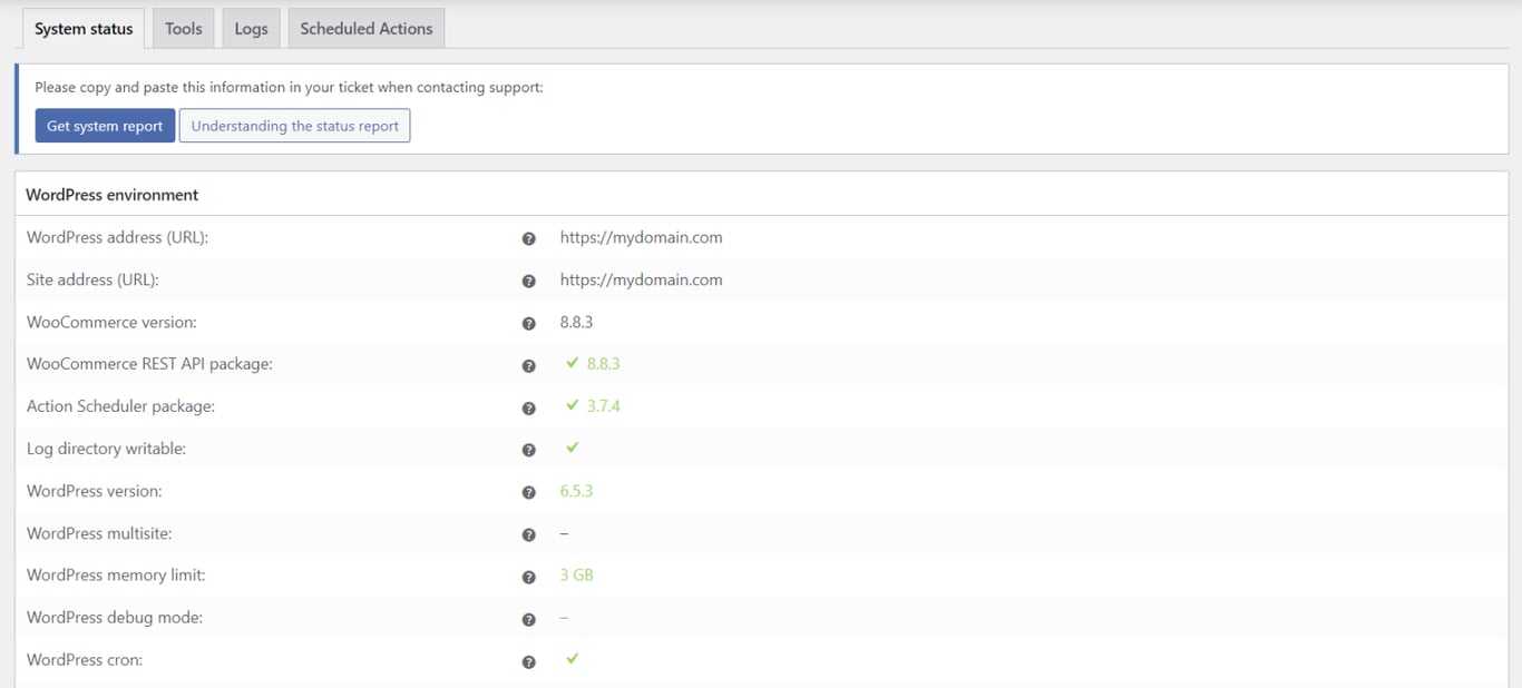 WooCommerceの「システムステータス」サブタブ