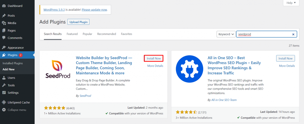 WordPressダッシュボードのプラグインメニュー、SeedProdプラグインでは、「今すぐインストール」ボタンが強調表示