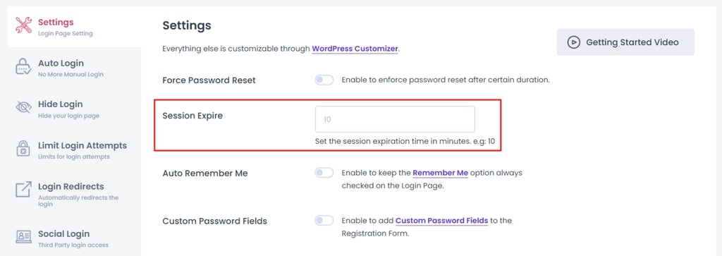LoginPressプラグインを使ってセッションの有効期限を設定している画面