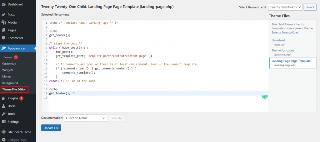 テーマ関数やカスタムページを含む、子テーマのコードを変更できるテーマファイルエディタ
