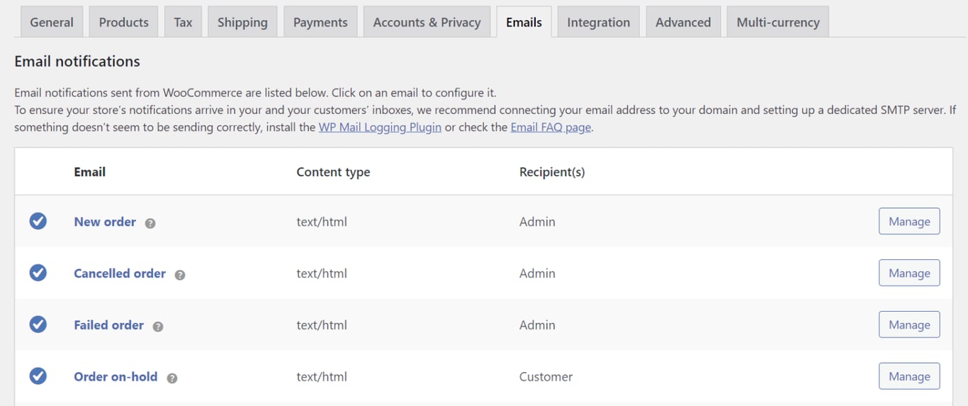 WooCommerceのメール設定セクション