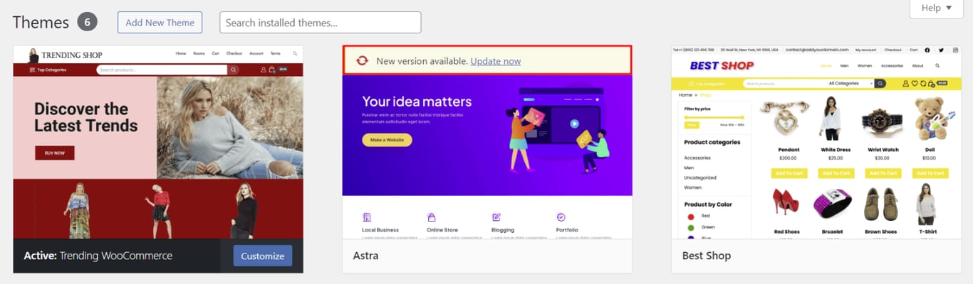 WordPressのテーマ管理セクションで、テーマの更新ボタンがわかりやすく表示されている画面