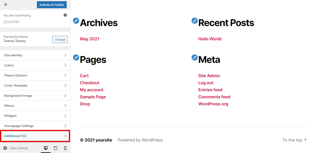 WordPressカスタマイザーで追加CSSを選択