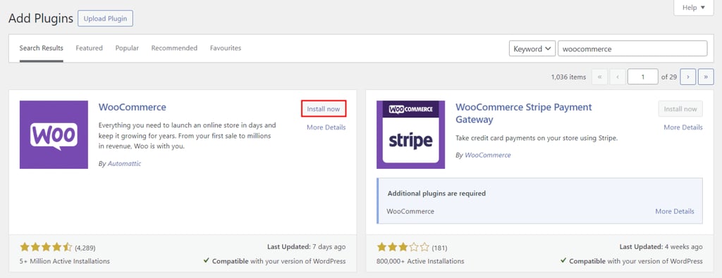 WordPressプラグインディレクトリで、WooCommerceをインストールするボタンがわかりやすく表示されている様子