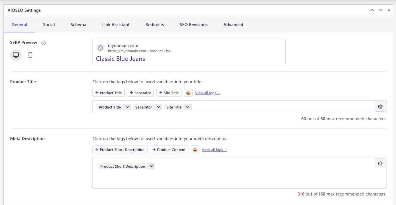 HostingerのWooCommerce商品ページ作成フォームにおけるAIOSEO設定の表示部分
