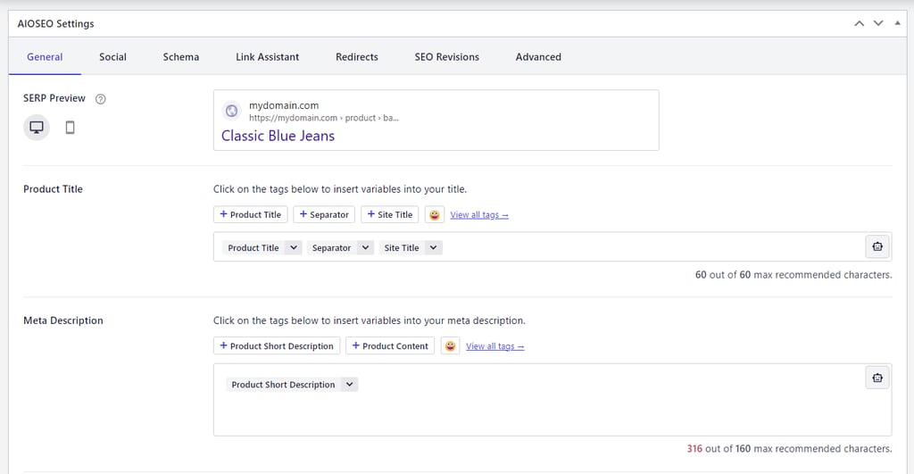 HostingerのWooCommerce商品ページ作成フォームにおけるAIOSEO設定の表示部分