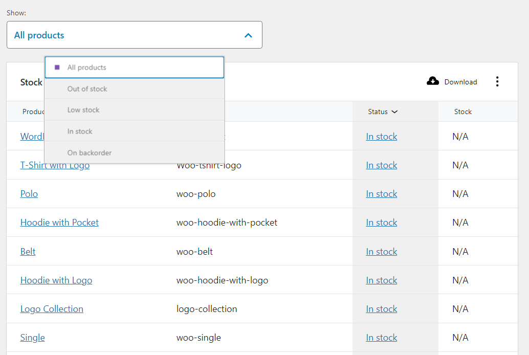 WooCommerce商品の在庫ステータス