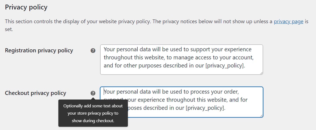 WooCommerceでプライバシーポリシーを設定している画面