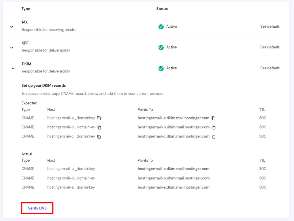 hPanelの「DKIM用DNSを確認」ボタン