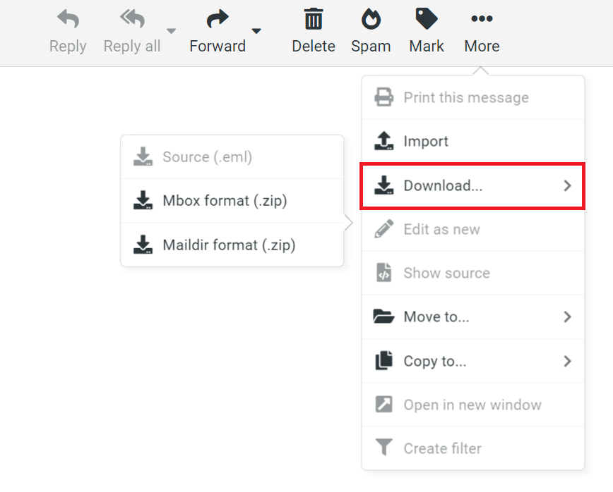 Hostinger Webmailでメールをエクスポートしている画面