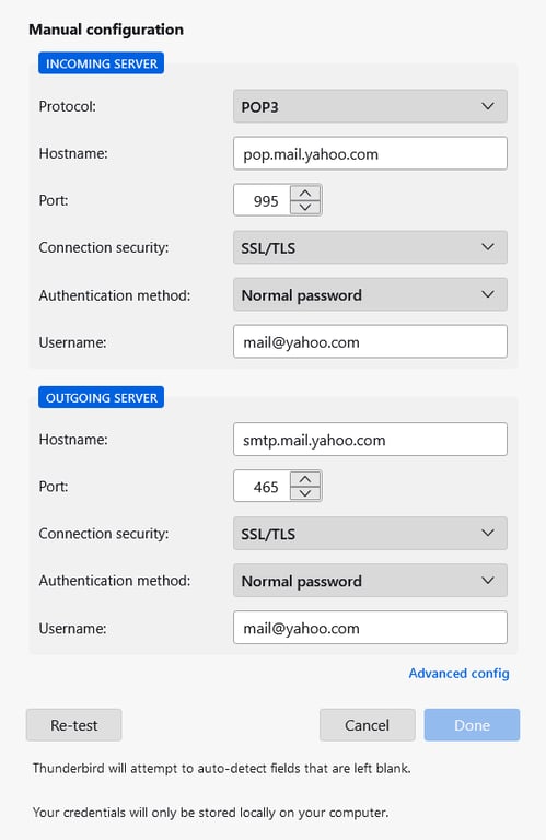 ThunderbirdでYahooメールのPOP3設定を手動で入力している画面