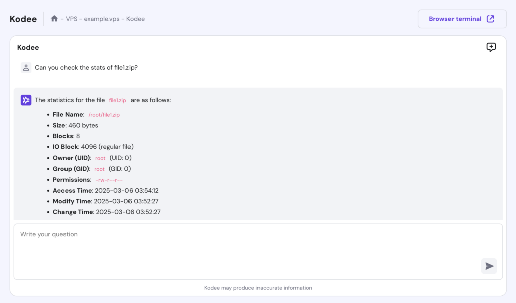 Kodee がファイルの統計情報に関する質問に回答している様子