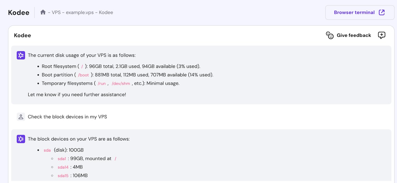 KodeeがVPSの現在のディスク使用状況とブロックデバイスを表示している様子