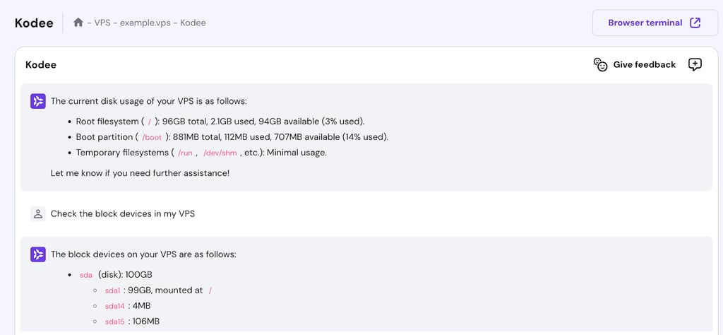 KodeeがVPSの現在のディスク使用状況とブロックデバイスを表示している様子