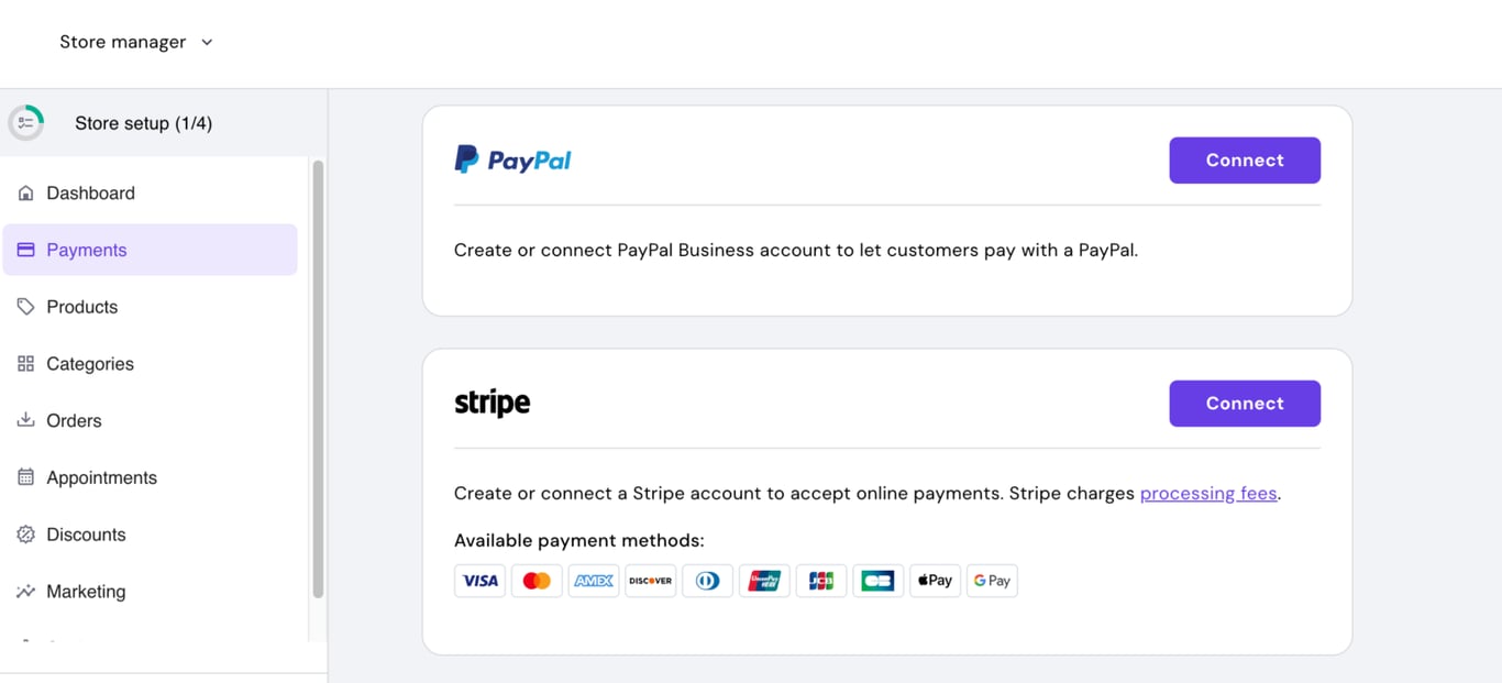 Hostingerのサイト作成ツールのオンラインストア「支払い」管理ページ