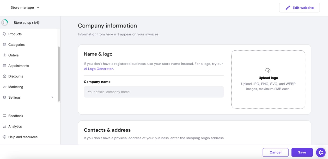 Hostingerのサイト作成ツール オンラインストアの会社情報設定ページ