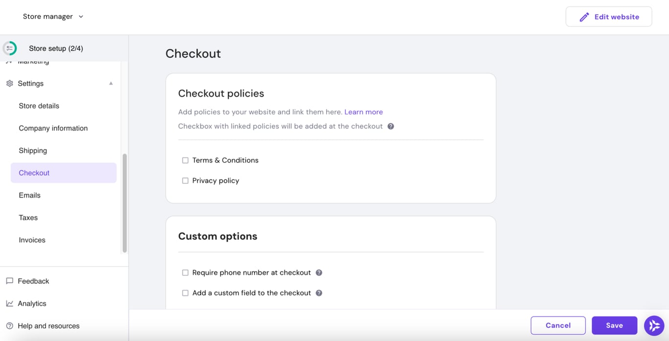 Hostingerのサイト作成ツール ストアマネージャー ストア設定 支払い設定ページ