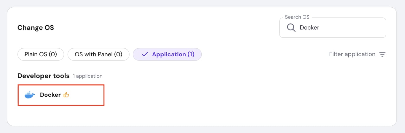 hPanelのオペレーティングシステム設定ページに表示されているDocker用VPSテンプレート