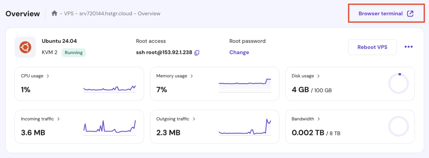 hPanelダッシュボード、VPSの概要