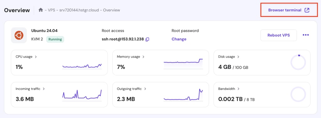 hPanelダッシュボード、VPSの概要