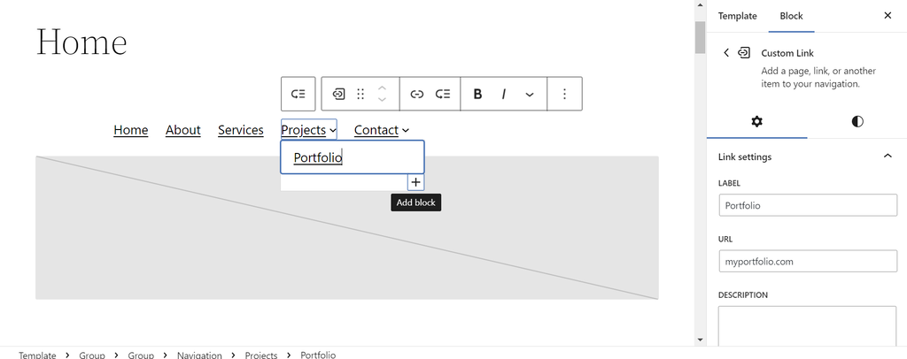 Site Editor内の既存の子メニュー項目の下にある「＋」アイコン