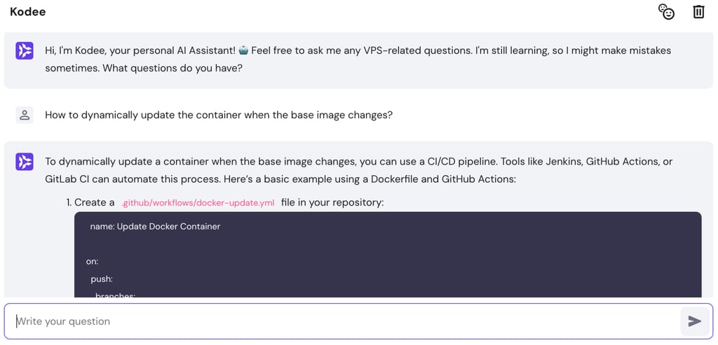 VPSダッシュボードでKodeeを使い、Dockerに関する質問に回答している様子