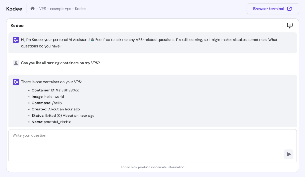 VPS上で実行中のコンテナに関する質問にKodeeが回答している様子