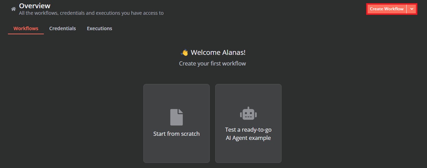 n8nインスタンスのOverviewページで「Create Workflow」オプションがハイライト表示されている画面