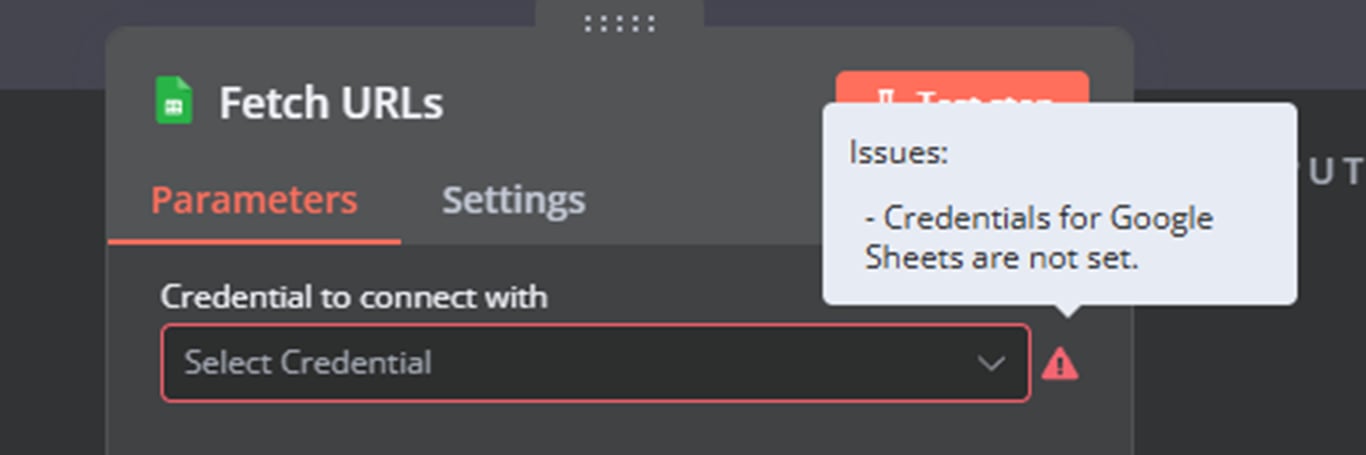 Fetch URLsノードで認証情報が不足しているエラーが表示されている画面