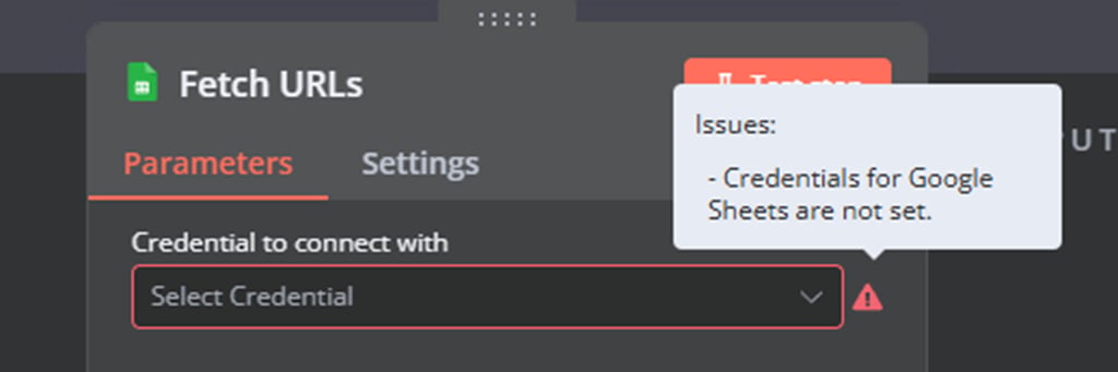 Fetch URLsノードで認証情報が不足しているエラーが表示されている画面